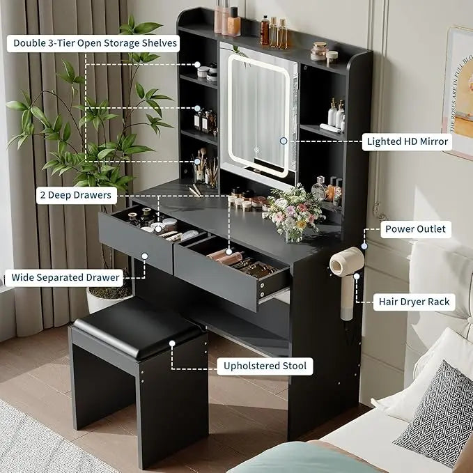 HiMISS Vanity Desk With Mirror And Lights Makeup Table Set