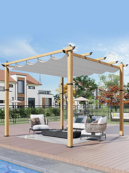 HiMISS Outdoor Pergola With Retractable Canopy Faux Wood Gazebo