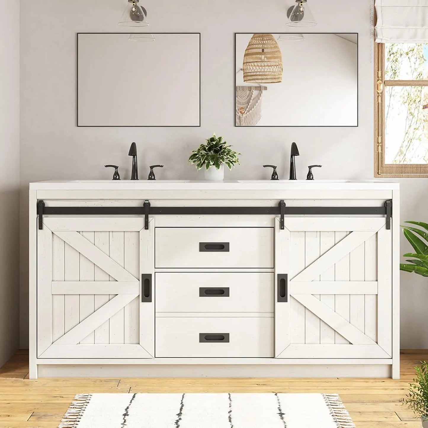 GUANGBAI Farmhouse Sliding Barn Door Double Vanity With Integrated Sink