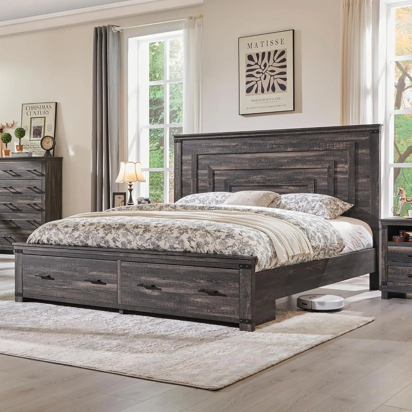 Farmhouse Wood Bed Frame With Geometric Headboard And Storage Drawers