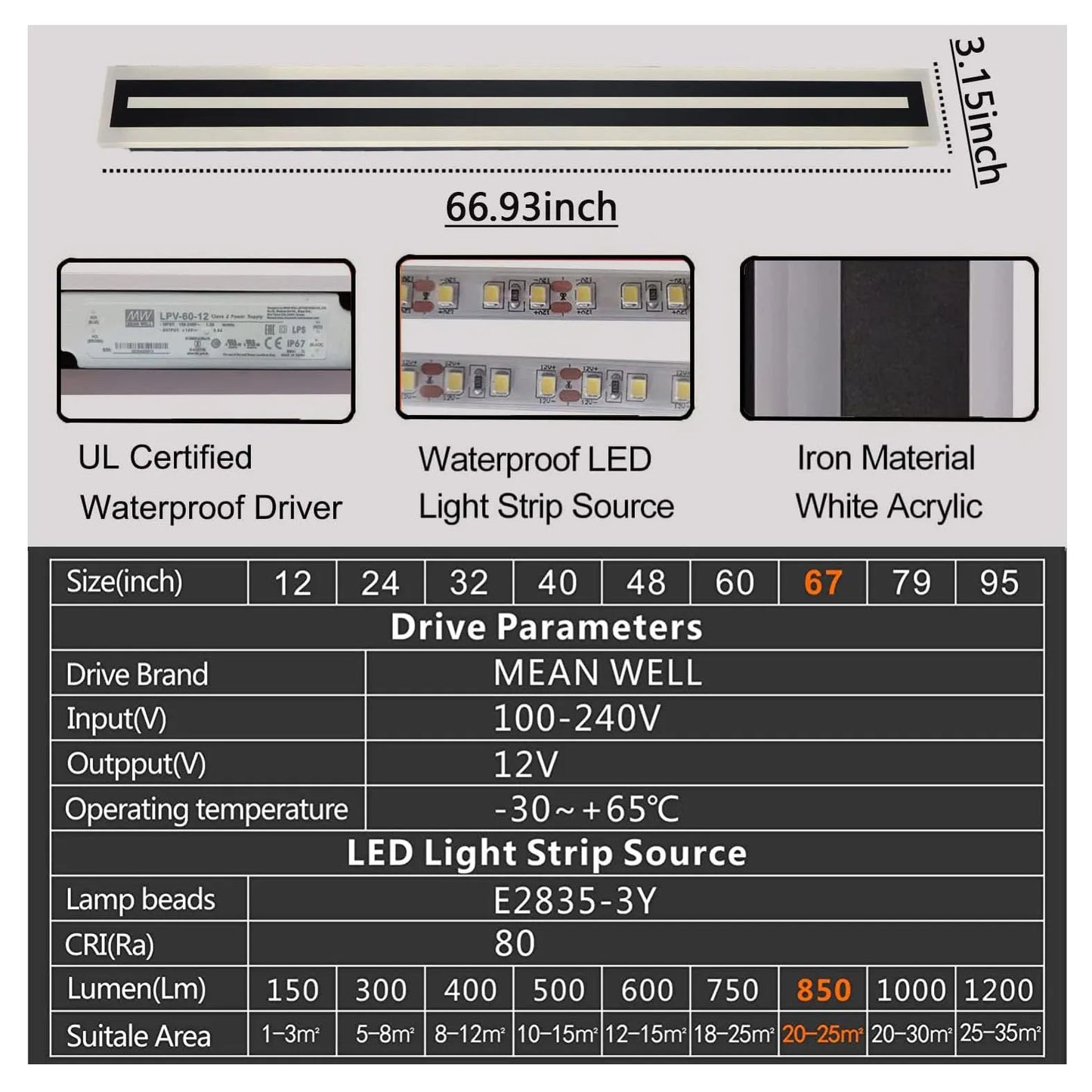Outdoor Long Strip Modern LED Wall Sconce Fixture IP67 Frosted Acrylic
