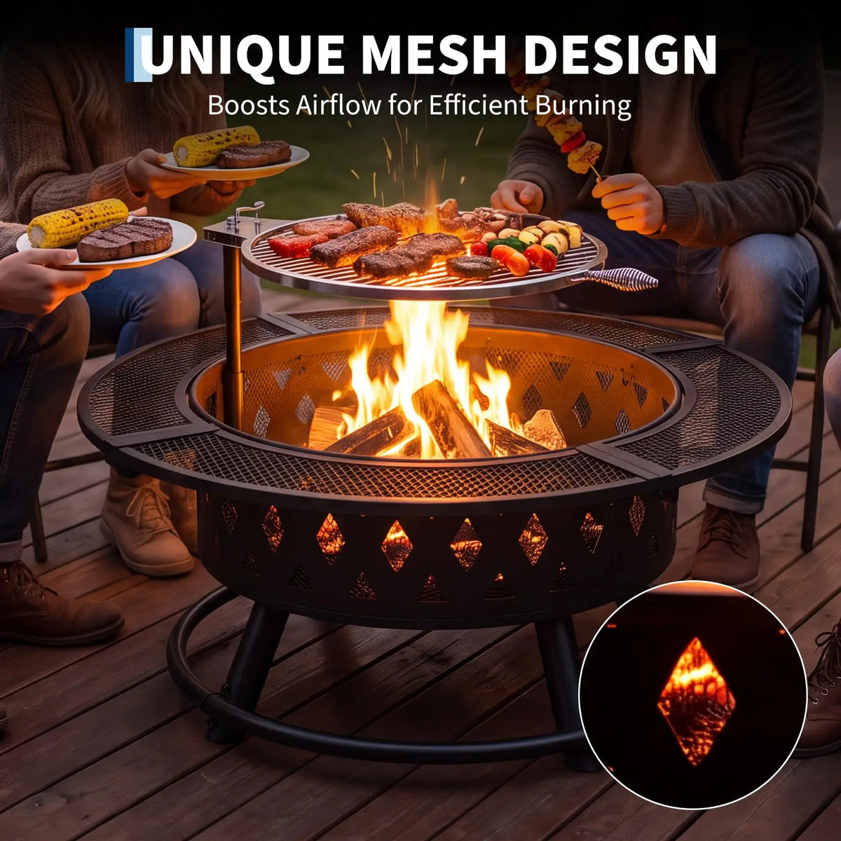 HiMISS Wood Burning Fire Pit With Grill And Mesh Guard