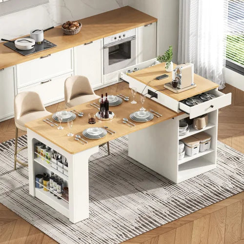 Kitchen Island With Extendable Table And Two Drawers With Outlet