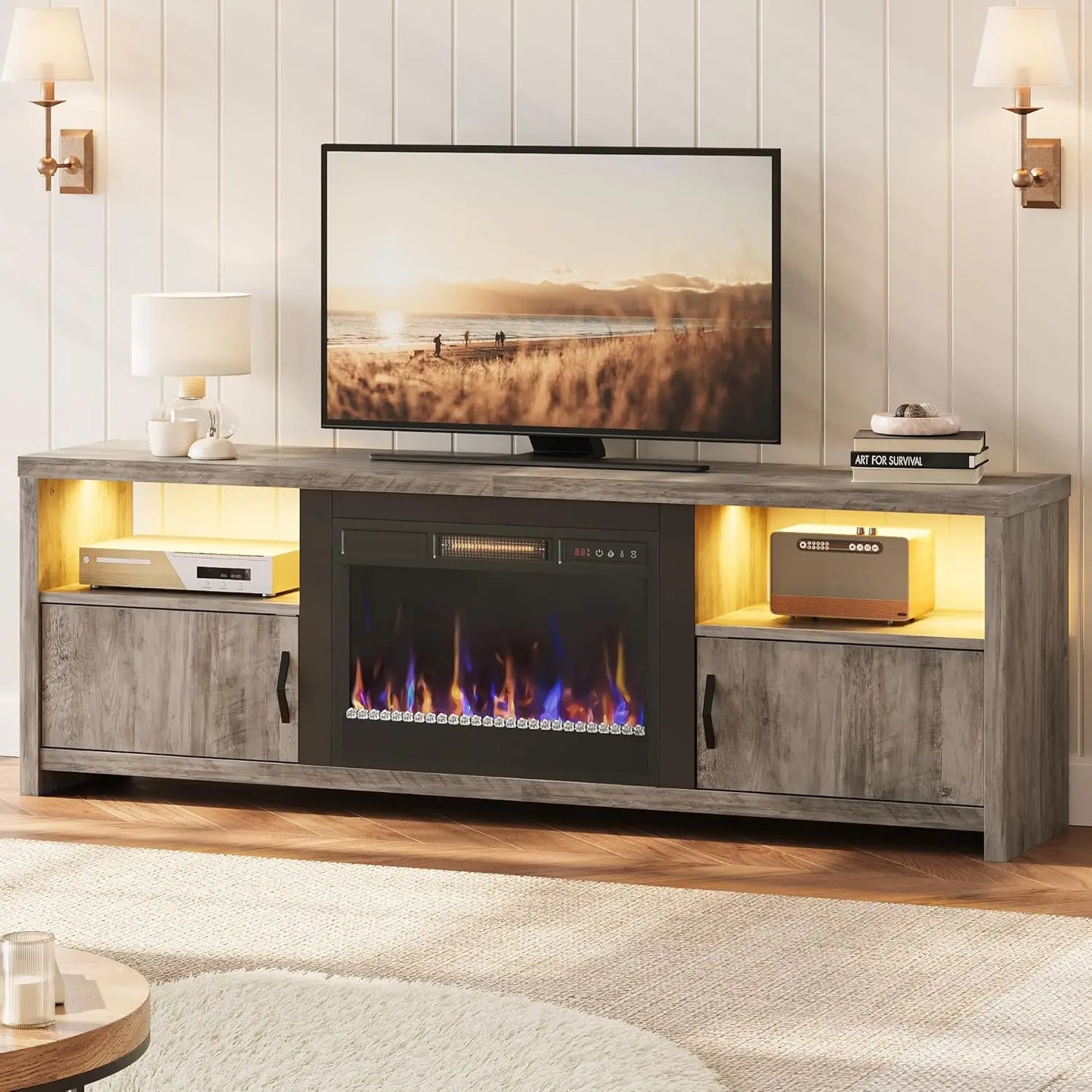 Electric Fireplace TV Stand With LED Lights And Storage Cabinets