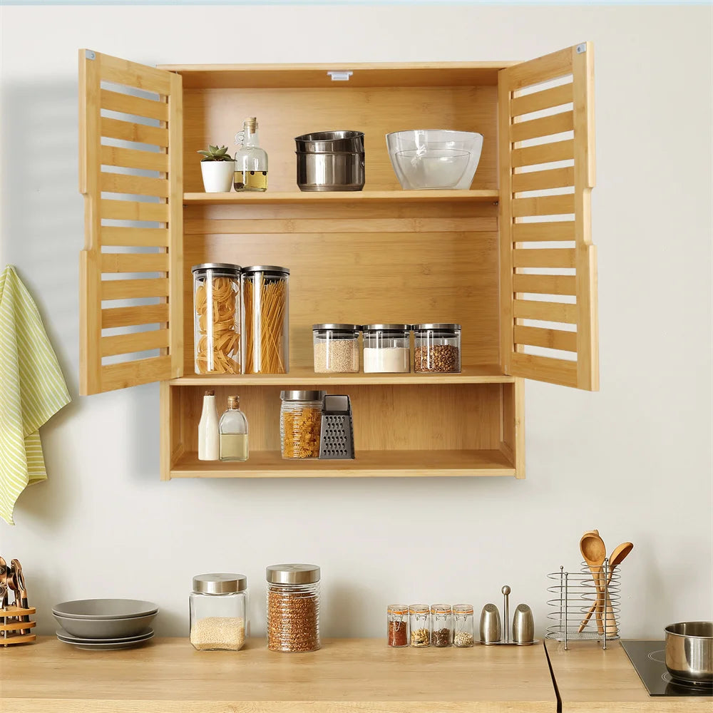 Natural Bamboo Wall Mounted Bathroom Cabinet 3 Tier Storage Shelf