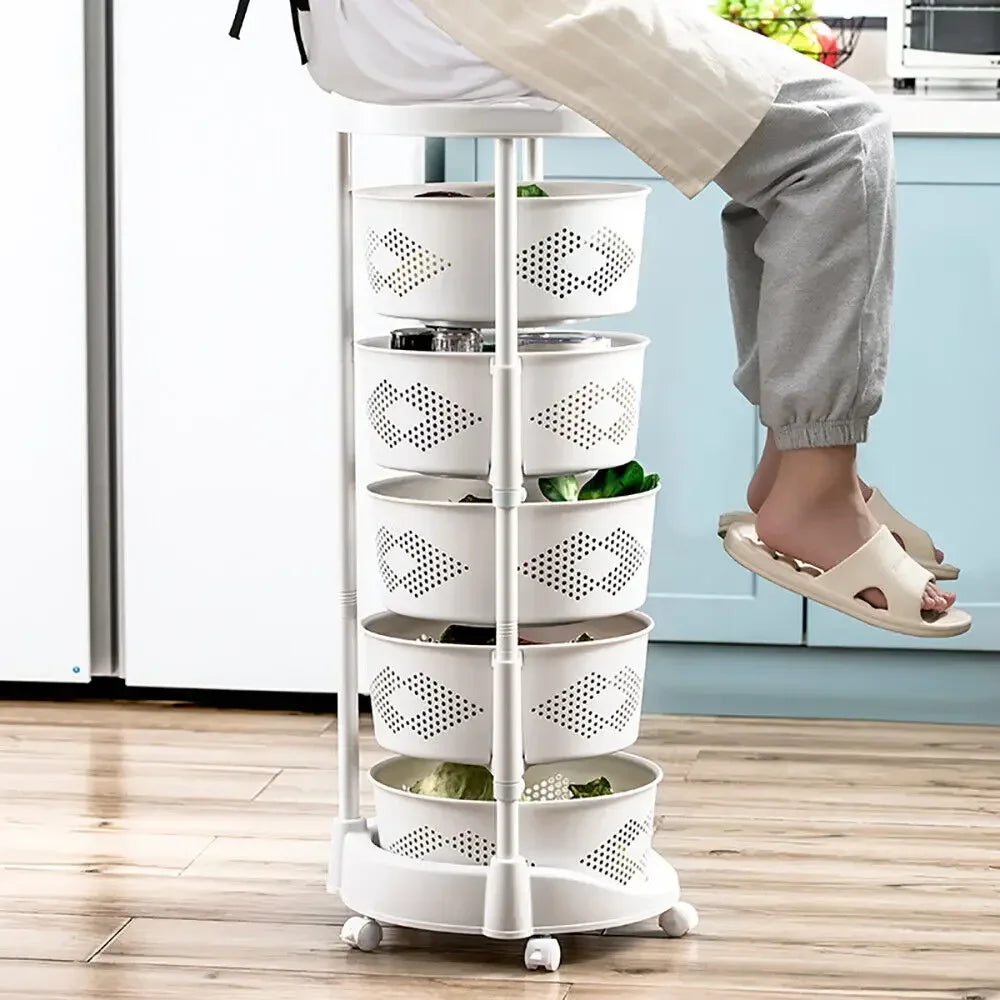 5 Tier Rotating Kitchen Organizer Rack With Wheels For Fruit Vegetables