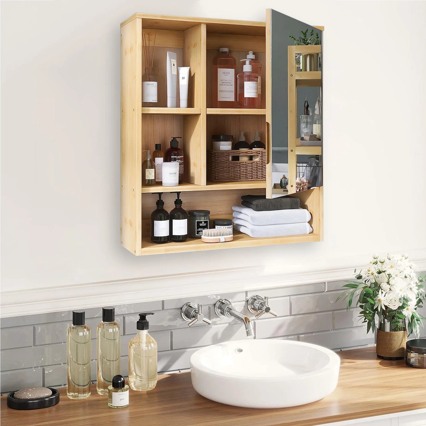 Wisfor Wall Medicine Cabinet Bamboo Bathroom Mirror Storage