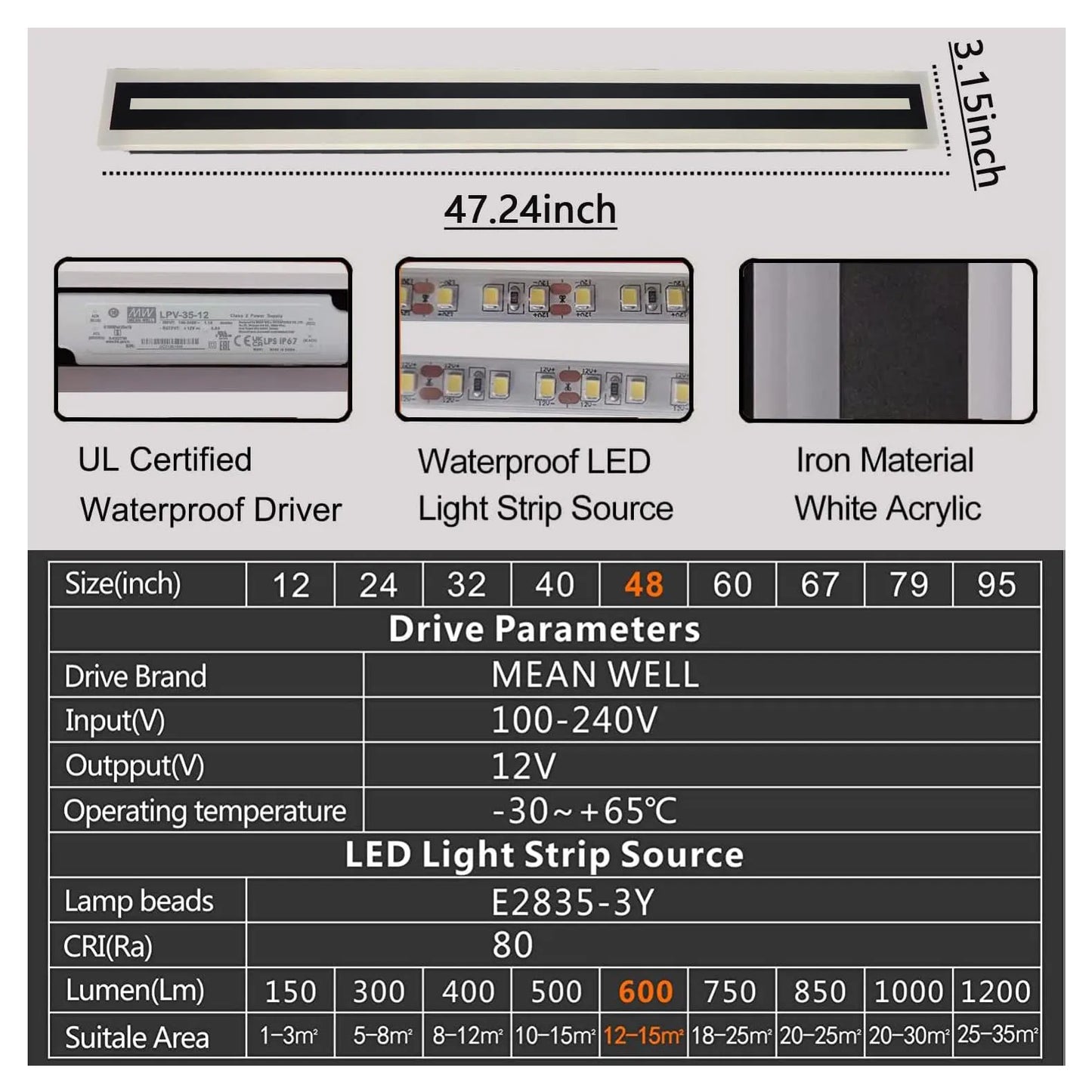 Outdoor Long Strip Modern LED Wall Sconce Fixture IP67 Frosted Acrylic