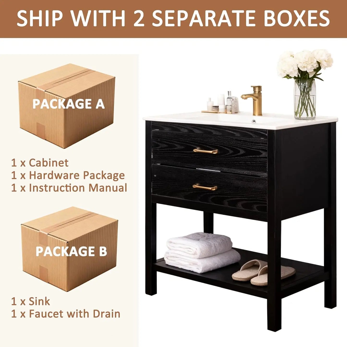 Farmhouse Freestanding Bathroom Vanity With Sink Oak Cabinet Drawers