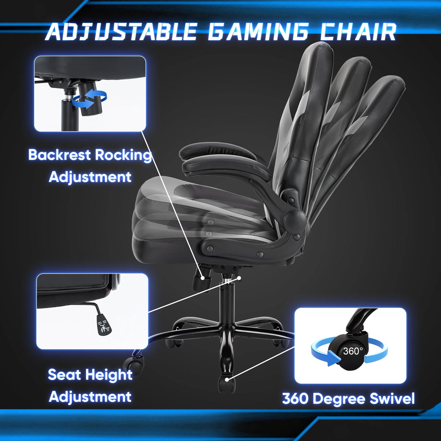 JHK Ergonomic Chair PU Leather Desk Chair Flip Up Armrests