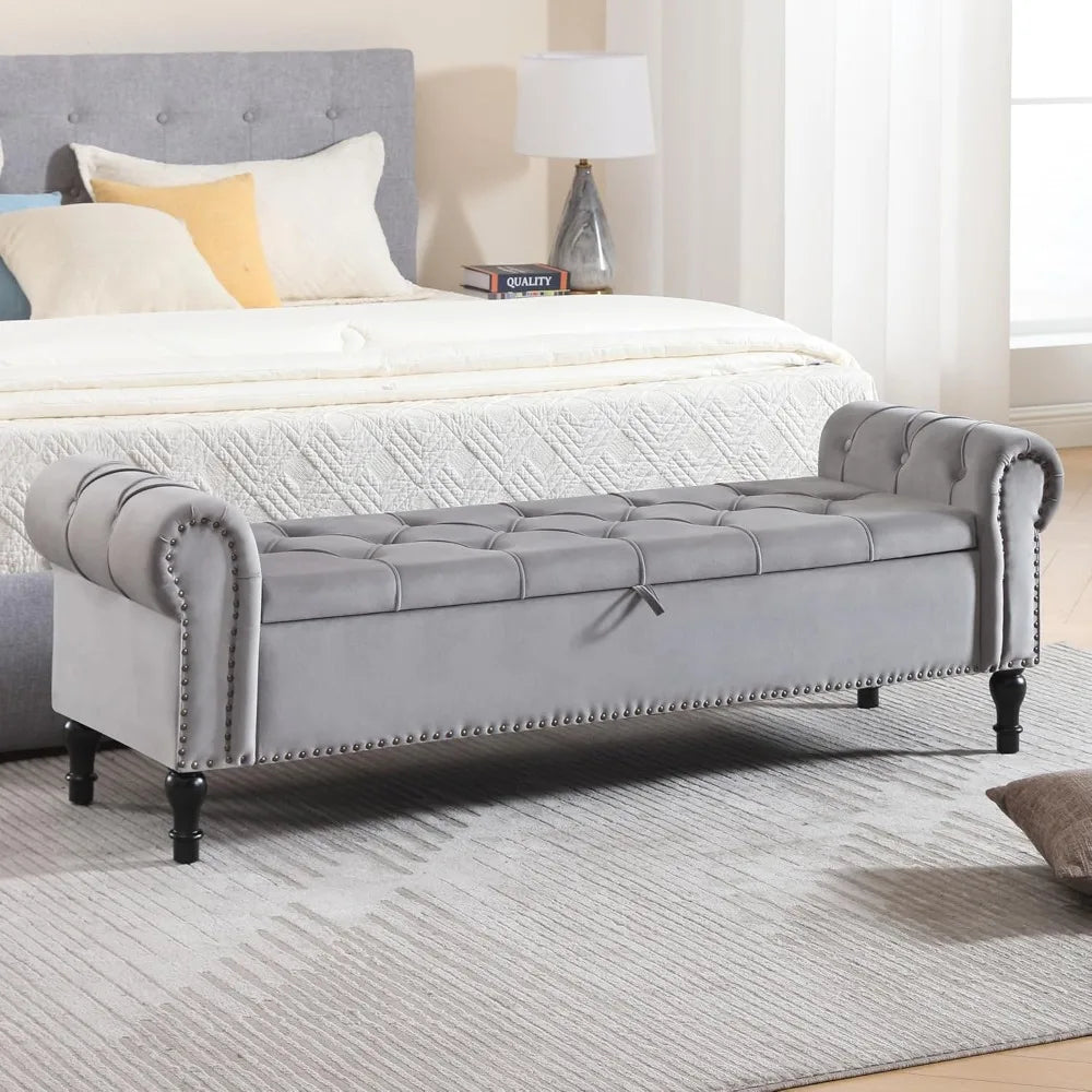 Velvet Tufted Storage Bench With Arms For Bedroom Living Room