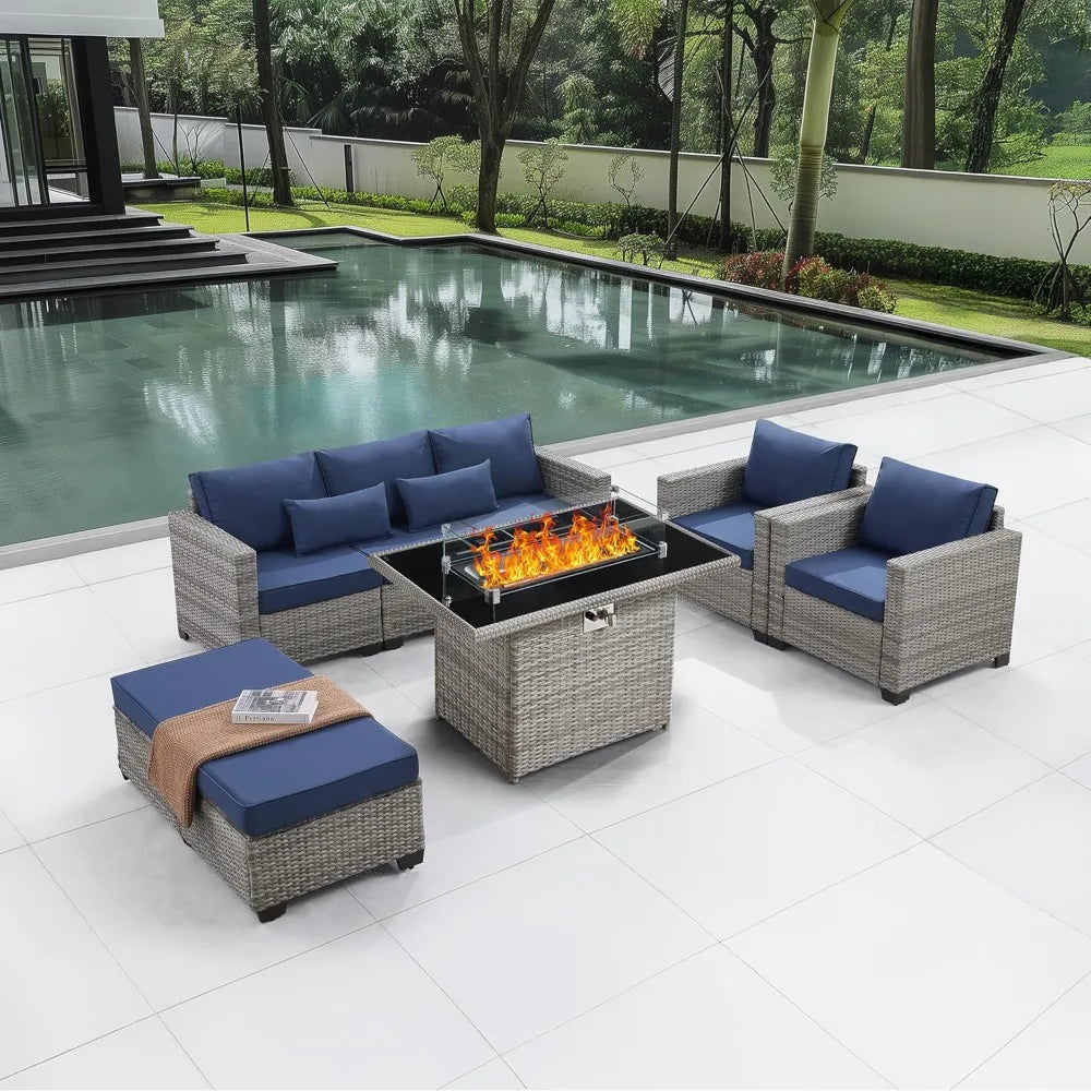 Outdoor PE Rattan Patio Set With Fire Pit Table