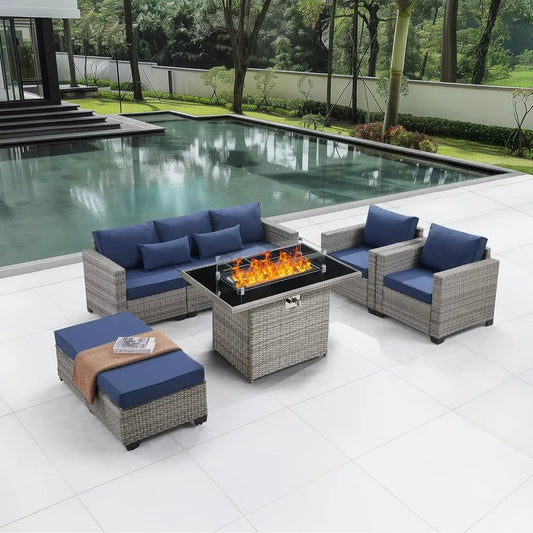 Outdoor PE Rattan Patio Set With Fire Pit Table