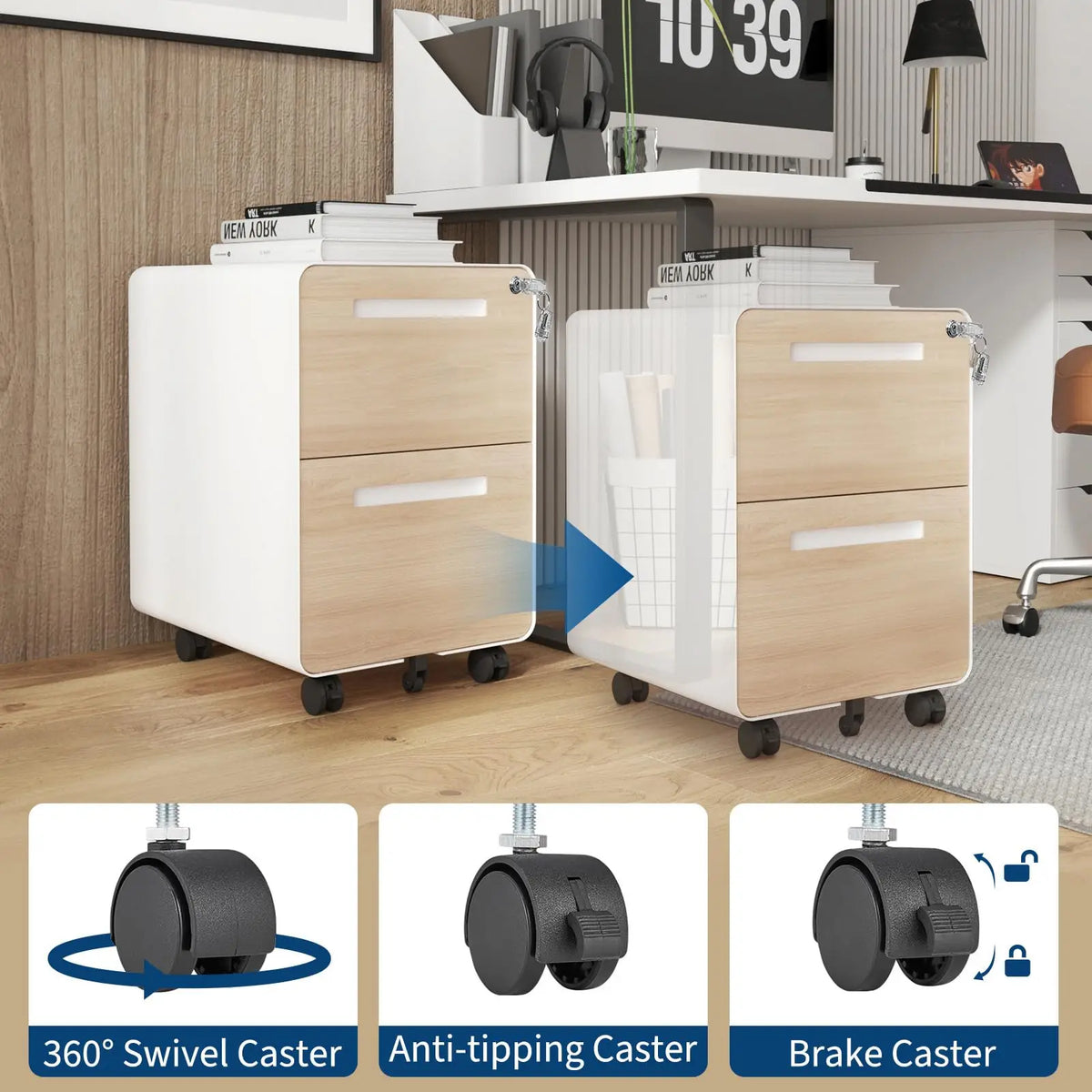 HiMISS Mobile Metal File Cabinet With Lock, Rolling Office Storage
