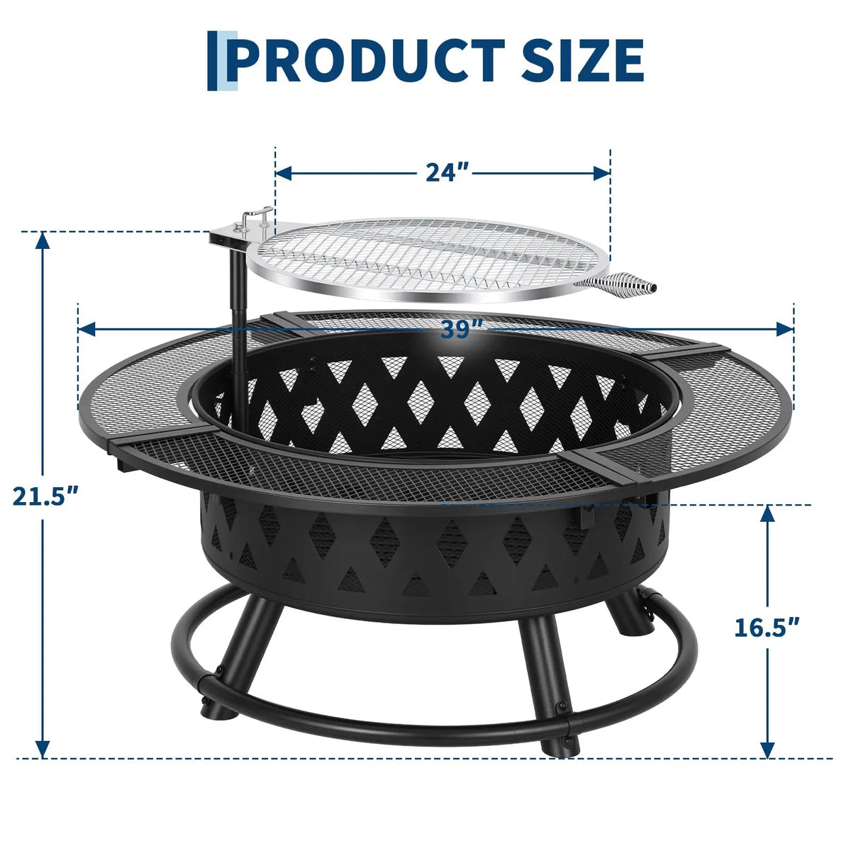 HiMISS Wood Burning Fire Pit With Grill And Mesh Guard