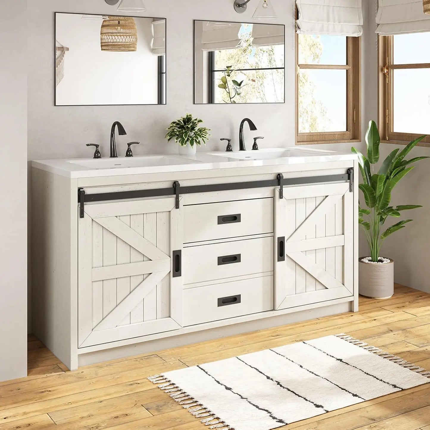 GUANGBAI Farmhouse Sliding Barn Door Double Vanity With Integrated Sink