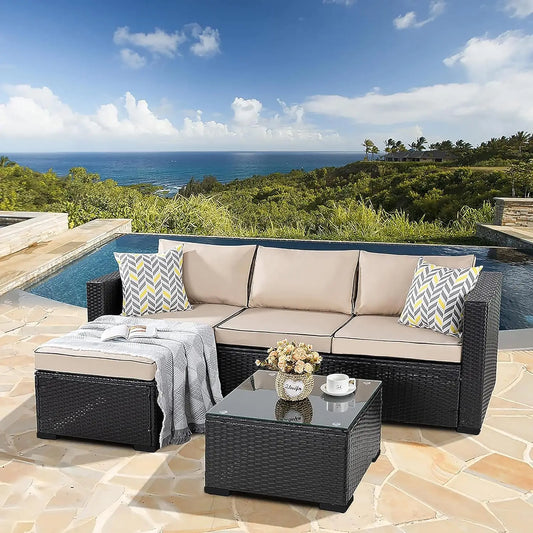 Outdoor 3 Piece Sectional Set With Glass Table And Cushions