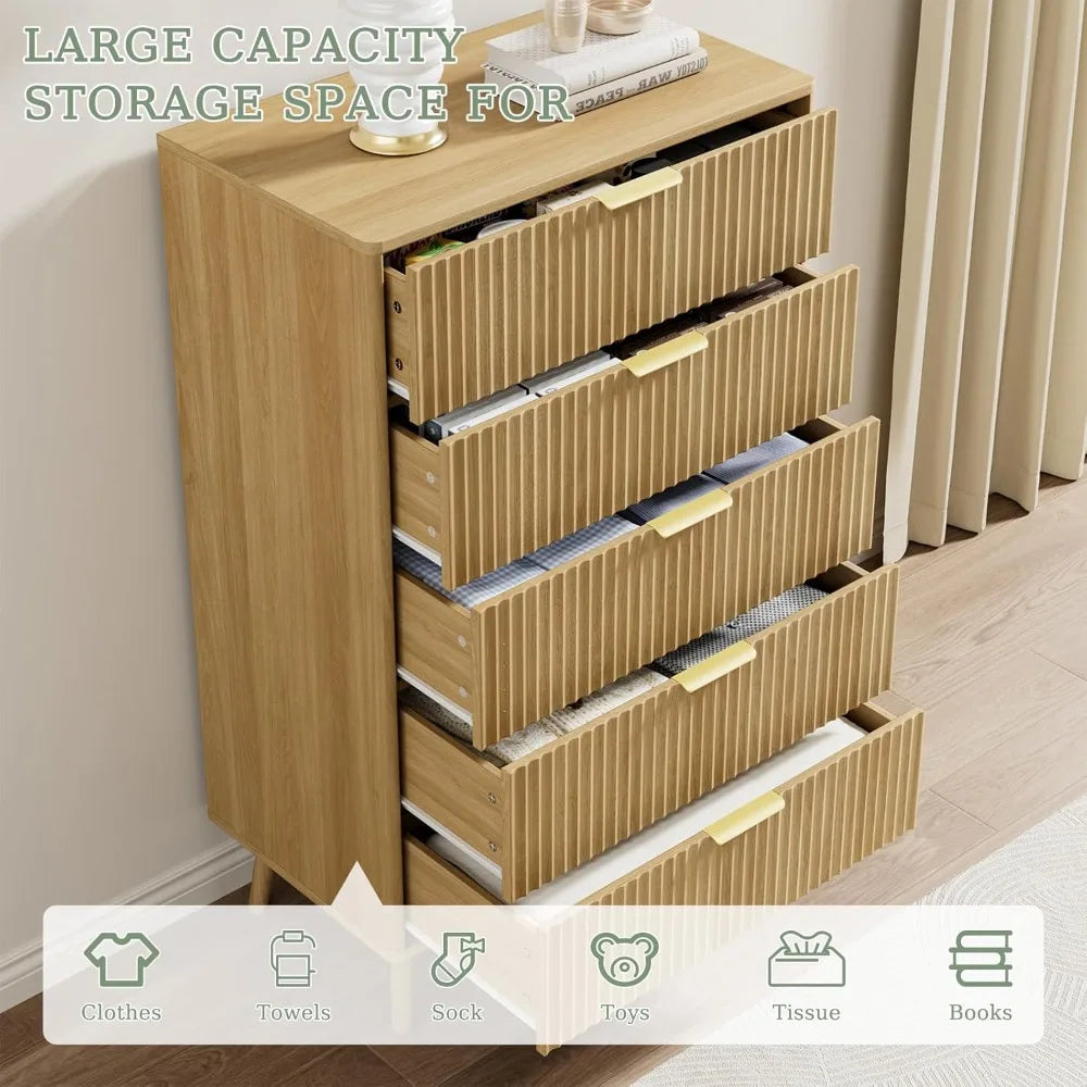 Modern Fluted 5 Drawer Dresser In Oak Finish For Bedroom