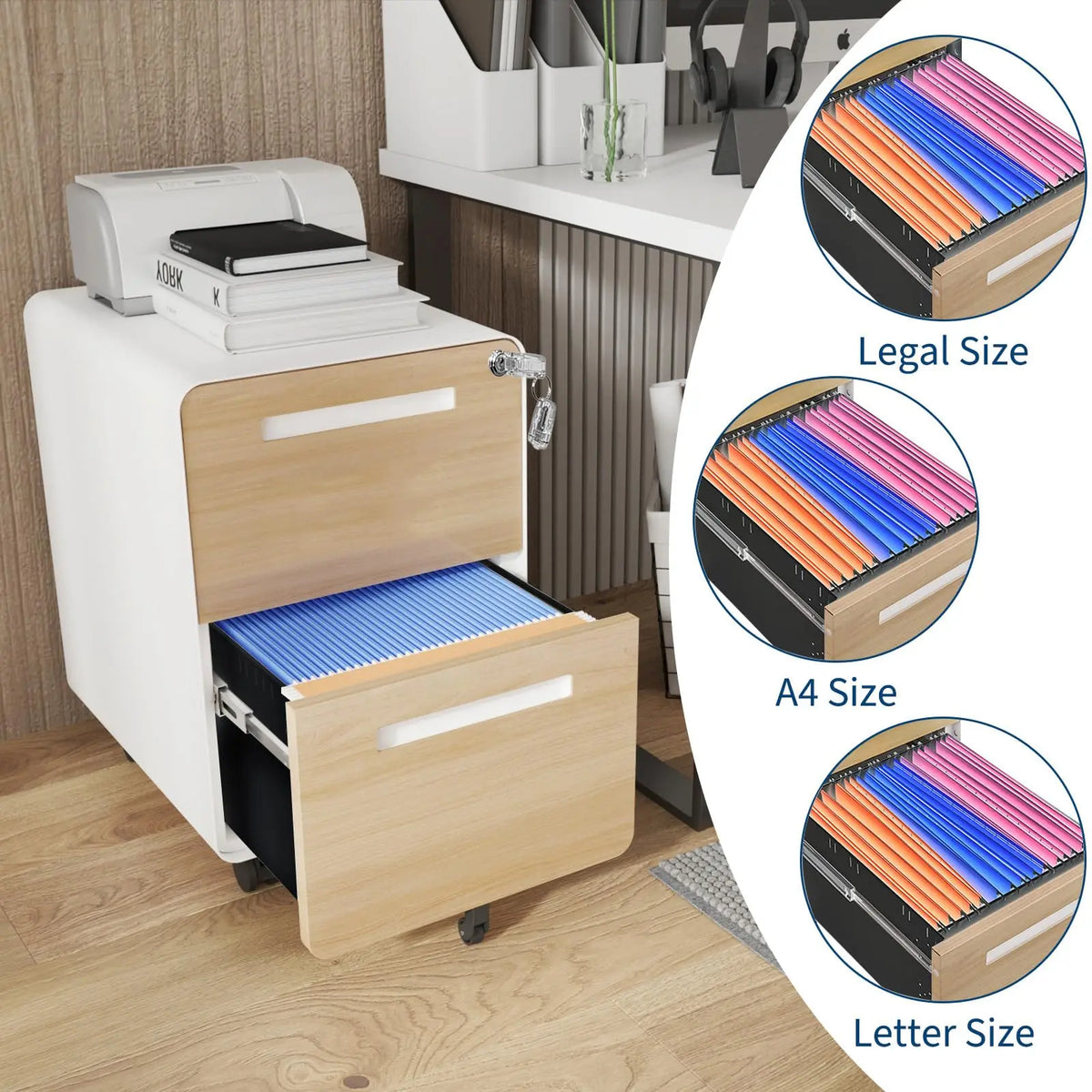 HiMISS Mobile Metal File Cabinet With Lock, Rolling Office Storage