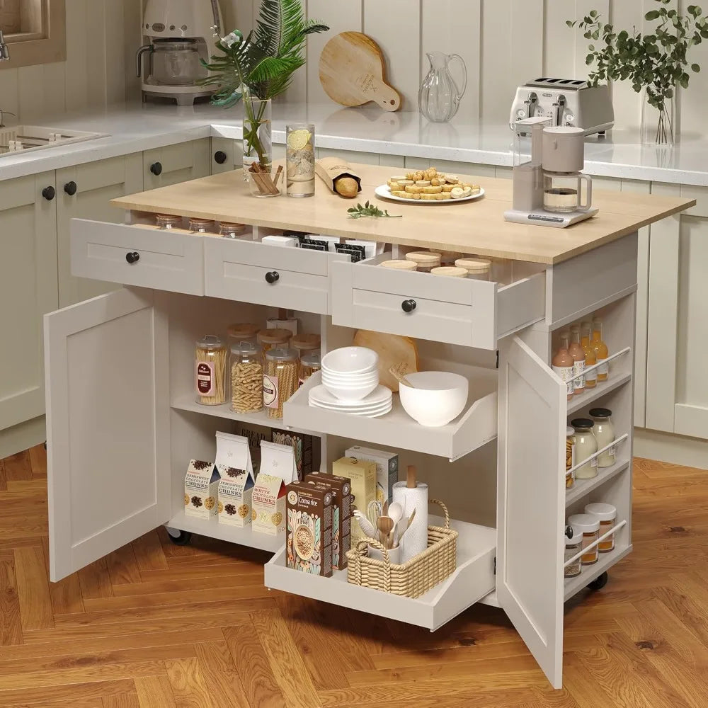 Rolling Kitchen Cart With Wood Top And Storage Cabinet