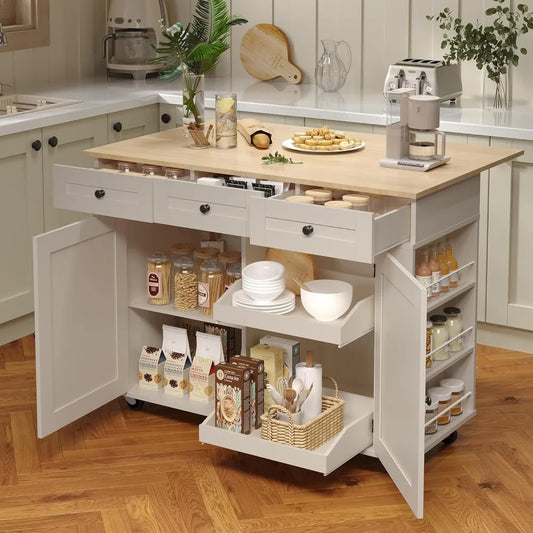 Rolling Kitchen Cart With Wood Top And Storage Cabinet