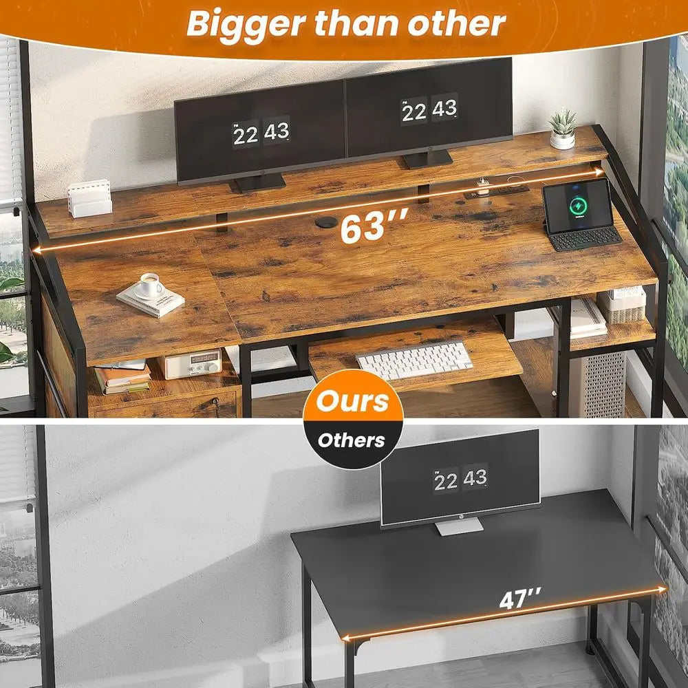 Office Desk With Lockable Drawers LED Lighting Power Outlet
