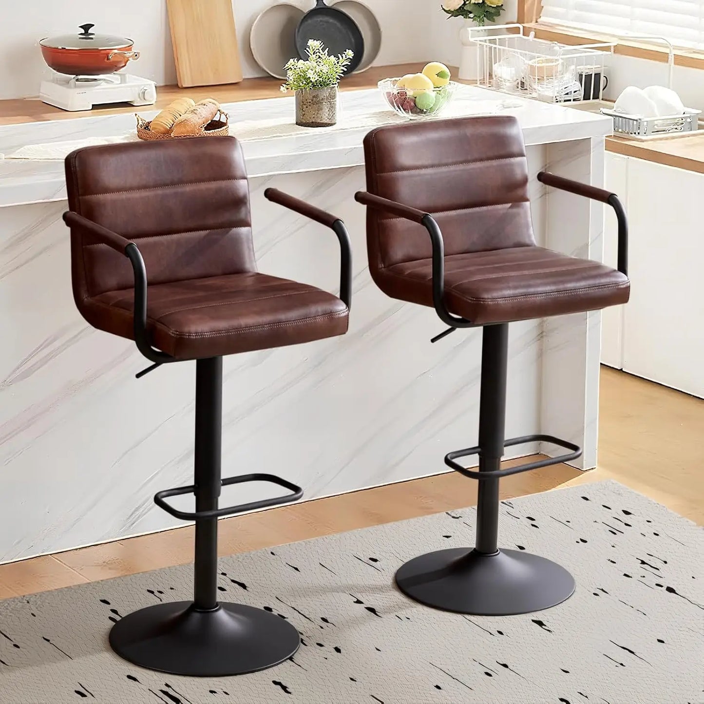 PU Leather Bar Stools Set Of 2 With Swivel Backrests