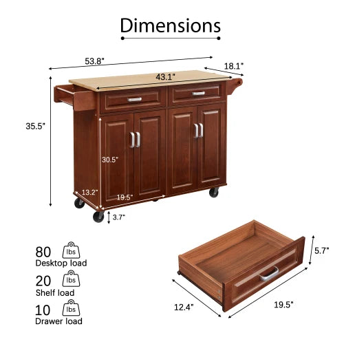Portable Kitchen Island Cart On Wheels With Two Drawers