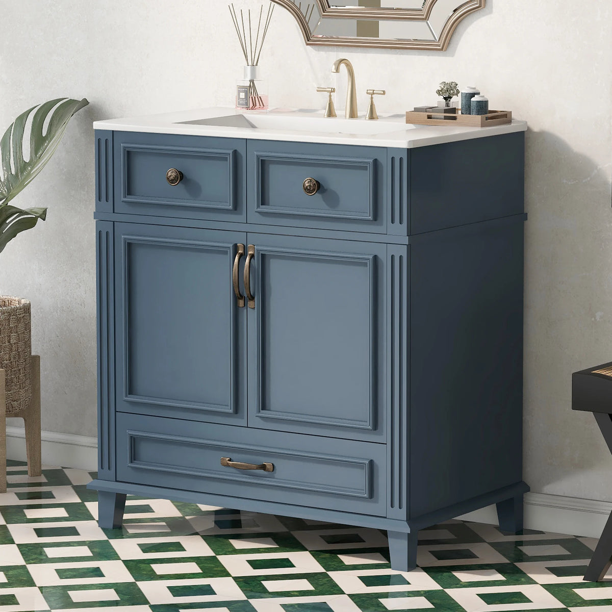 Solid Wood Bathroom Vanity With Ceramic Sink Soft Close Storage