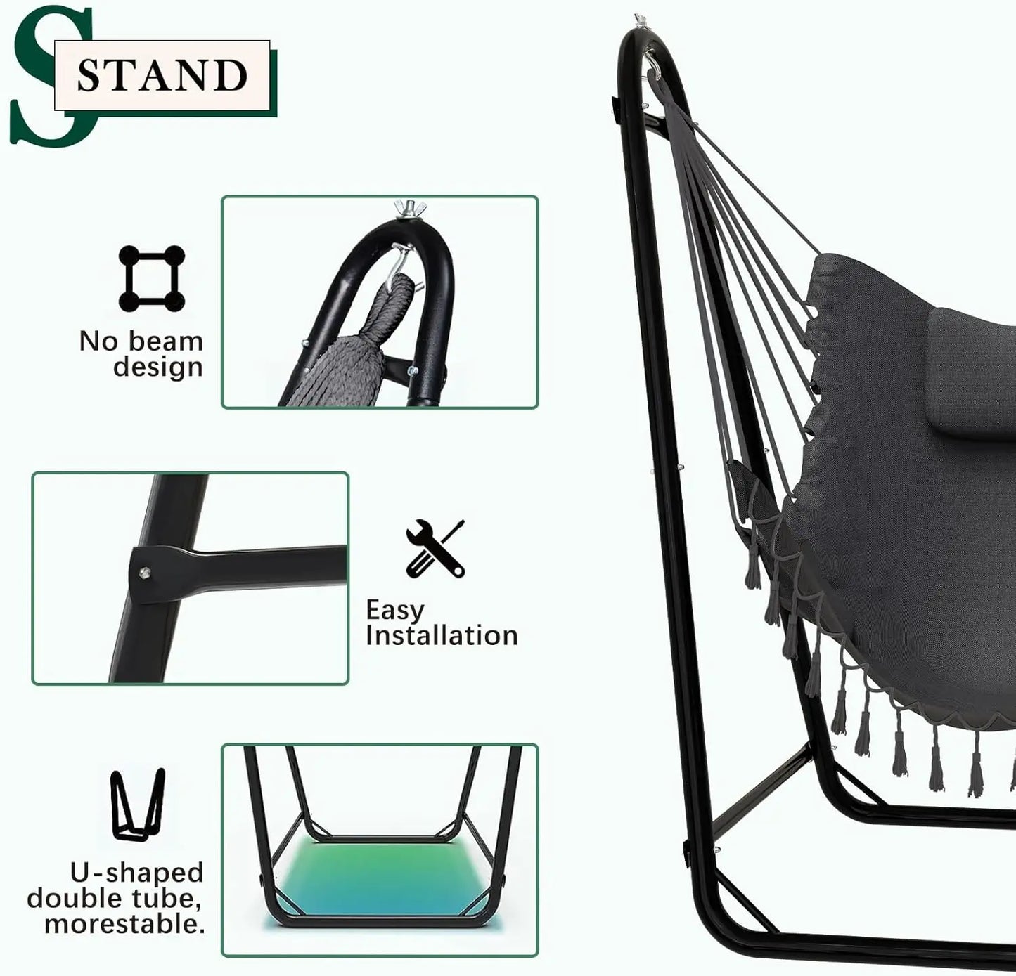 U Shaped Hammock Chair With Stand Indoor Outdoor Rust Resistant