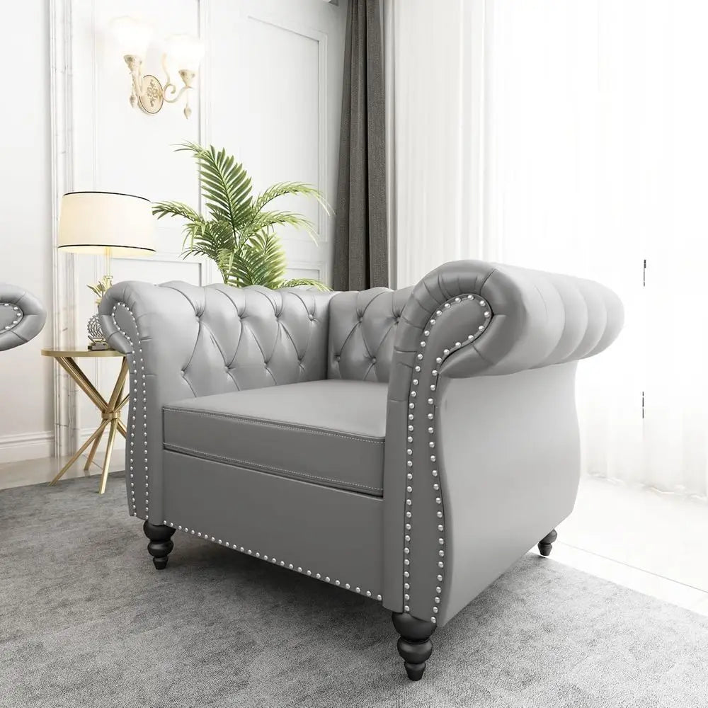 Chesterfield Leather Sofa With Scroll Arms And Nailhead Trim