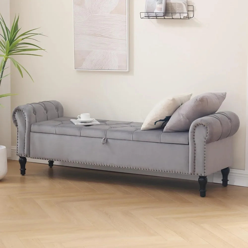 Velvet Tufted Storage Bench With Arms For Bedroom Living Room