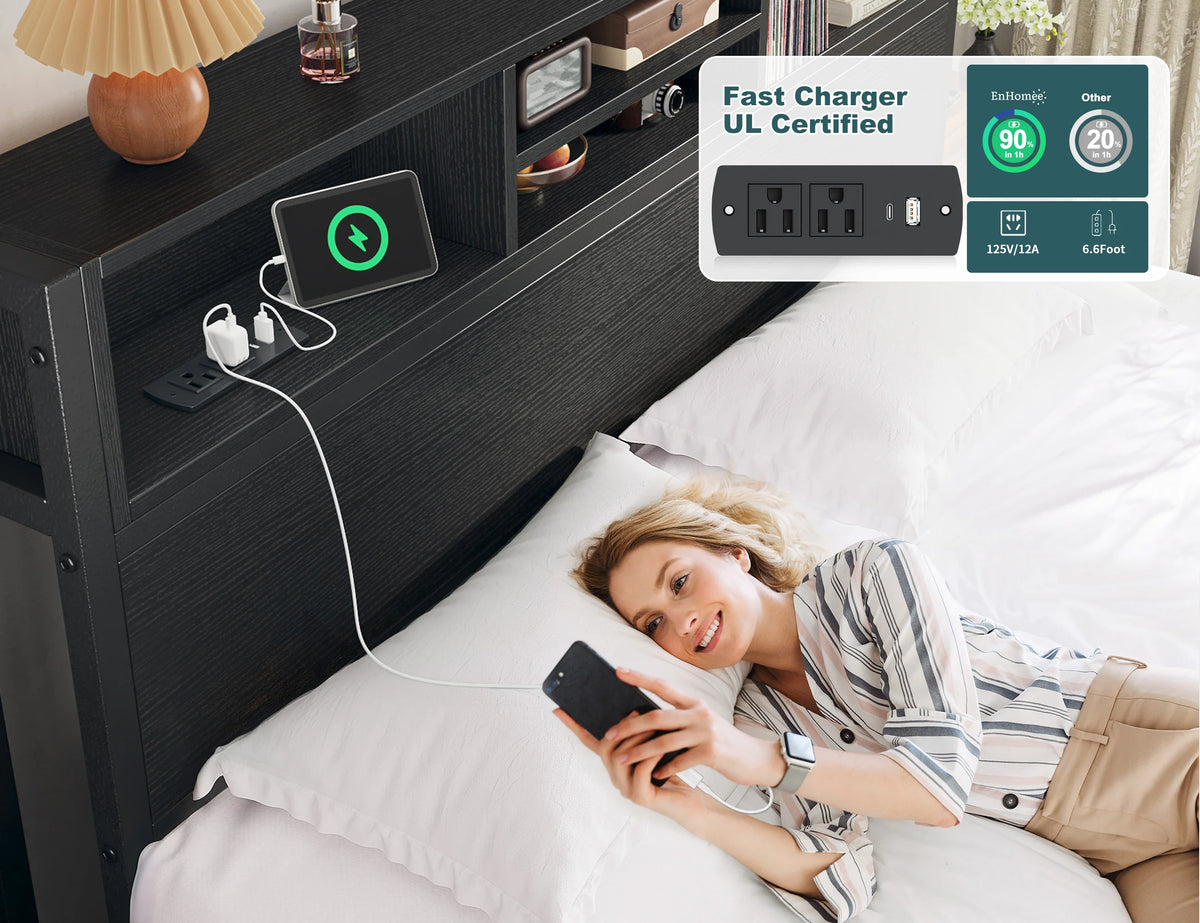 EnHomee Metal Bed Frame With Storage Drawers And Charging Station
