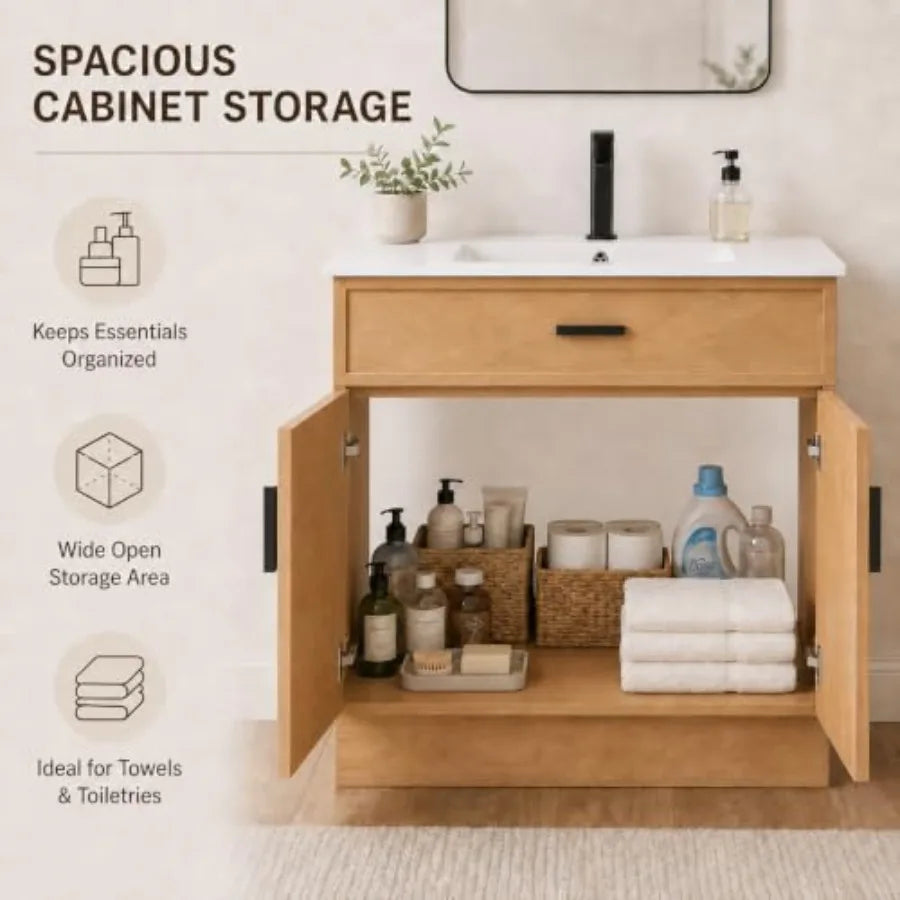 Bathroom Vanity With Ceramic Sink And Water Resistant Wood Cabinet