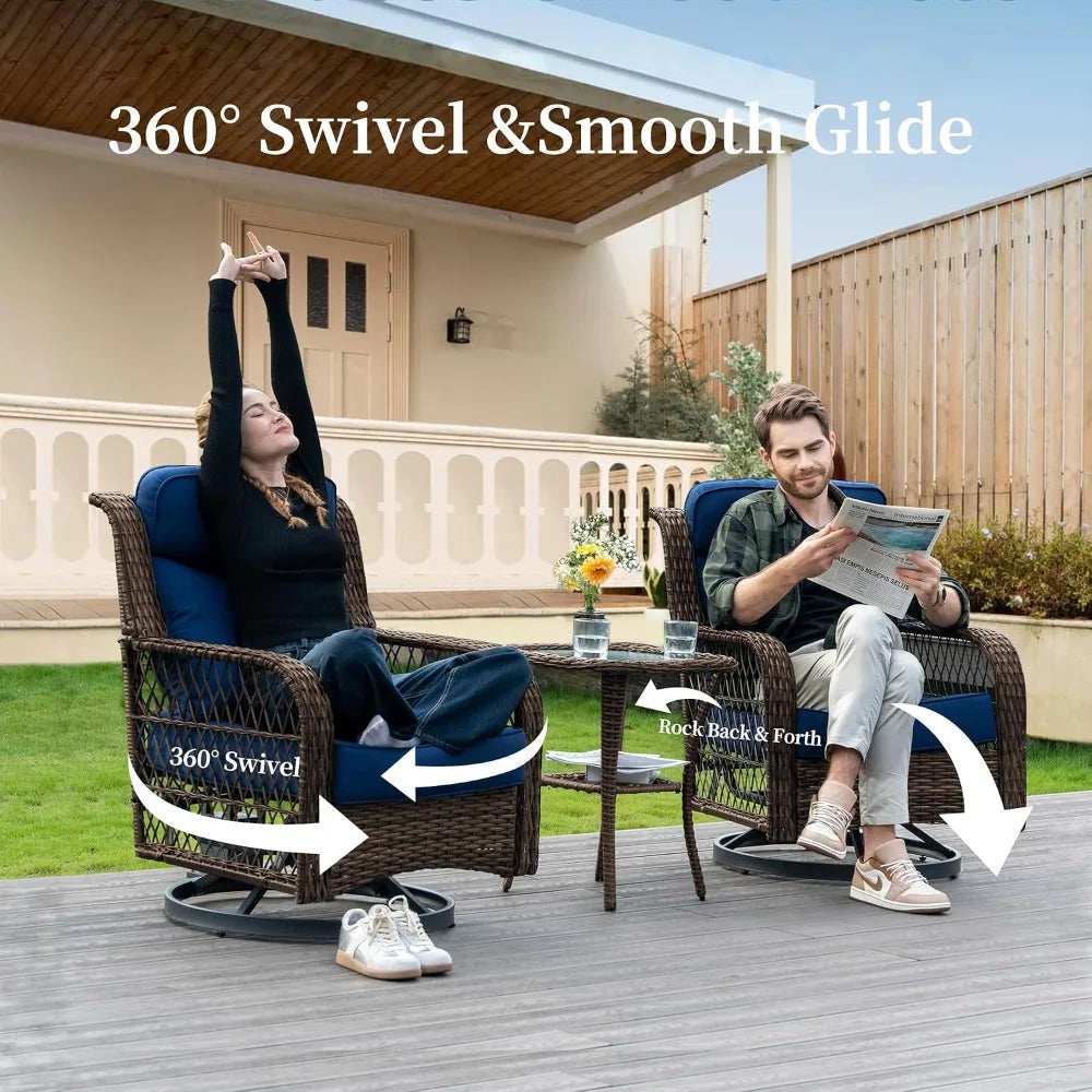 Outdoor Swivel Rocker Chair 3 Piece Set With Rattan Side Table Thick Cushions